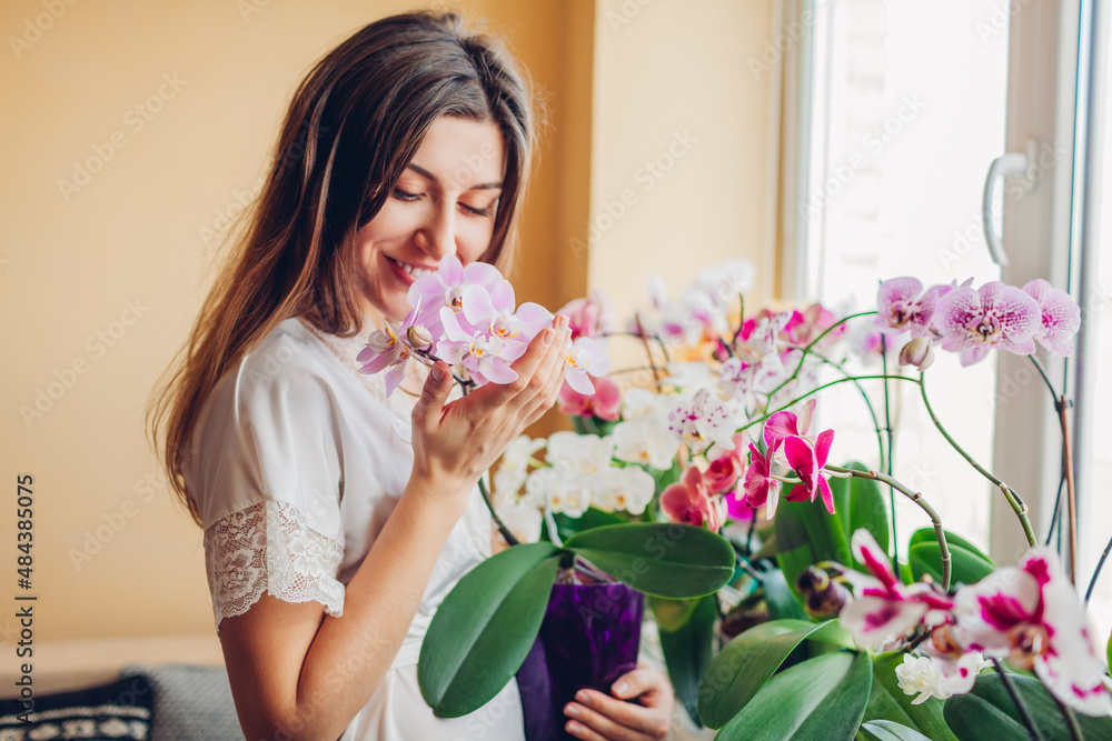 Happy woman smelling blooming purple orchid holding pot. Girl gardener taking care of home plants and flowers. - obrazy, fototapety, plakaty 