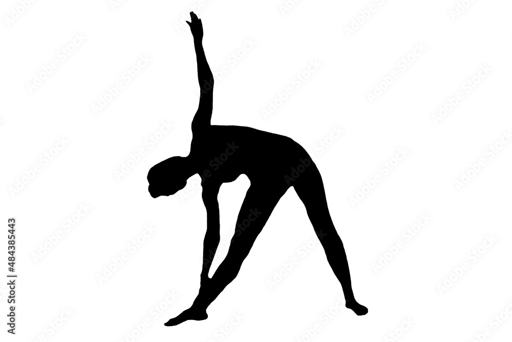 Silhouette of a woman in a triangle pose isolated on a white background. Yoga, sport, asana. Silhouette of a woman in a triangle pose isolated on a white background. Yoga, sport, asana.