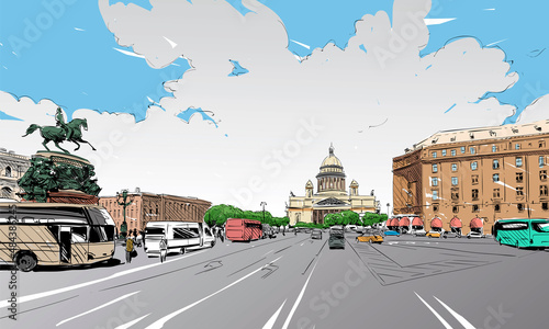 Russia. Saint Petersburg. Saint Isaac's Cathedral. Equestrian monument to Nicholas I hand drawn sketch. City vector illustration