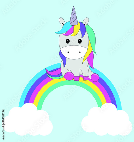 unicorn with rainbow hair. fabulous unicorn sits on a rainbow. vector illustration, eps 10.