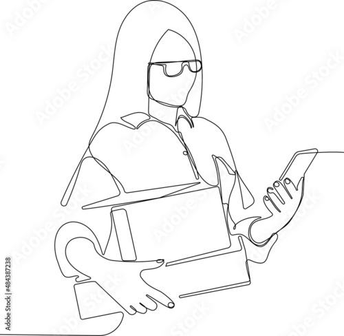 Continuous one line drawing of sad businesswoman in glasses standing outdoor with box of stuff. Vector illustration for your minimal design.