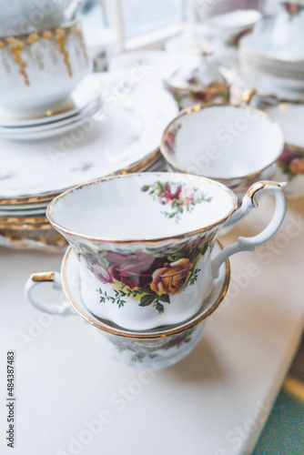 Fine afternoon English bone china afternoon tea cups and saucers.