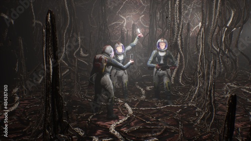 Obraz na plátně Astronauts on an alien planet find themselves in a cave with alien nightmare creatures