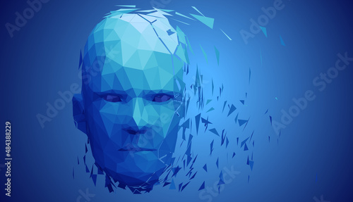 Human head, low poly style 3d vector wireframe object broken into different particles.