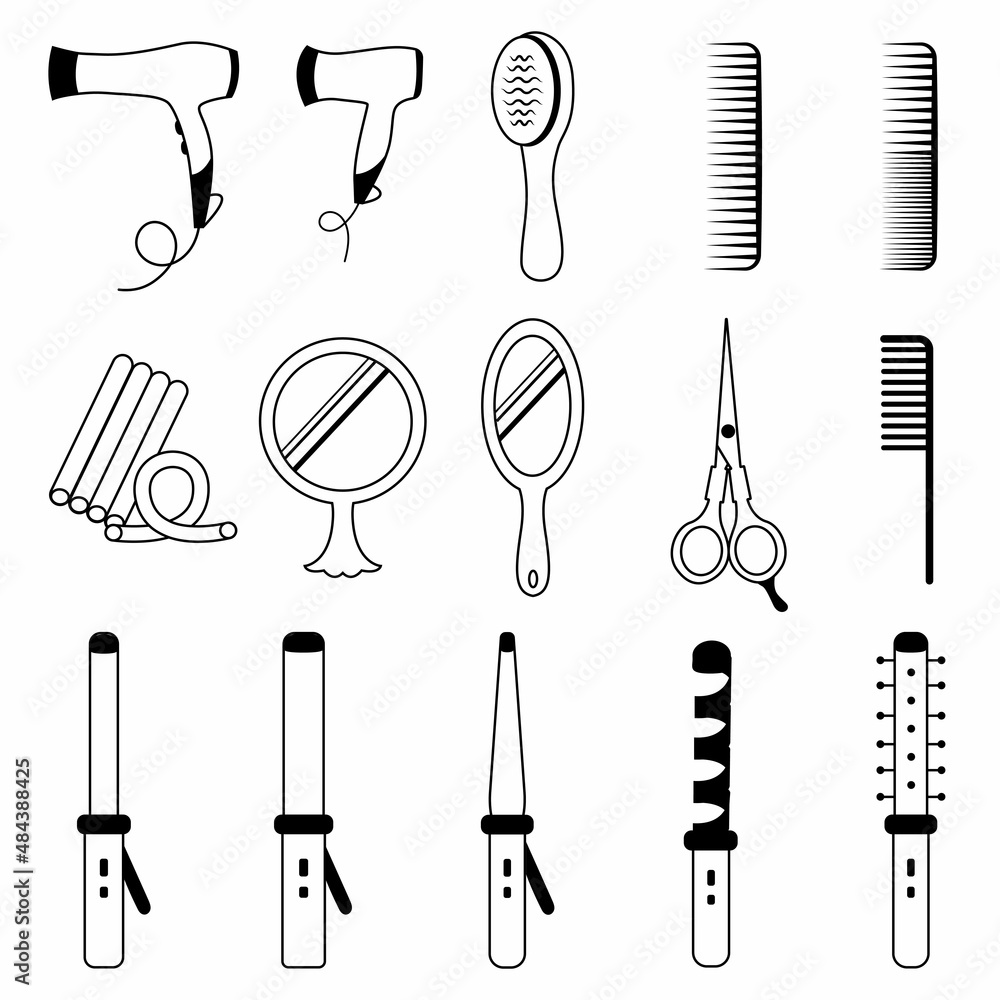 Obraz premium Set of outline hair salon tools. Hair Care and Styling Products. Tools vector icons set linear style. Good for design elements of advertising, promo and banners, social media. Vector illustration