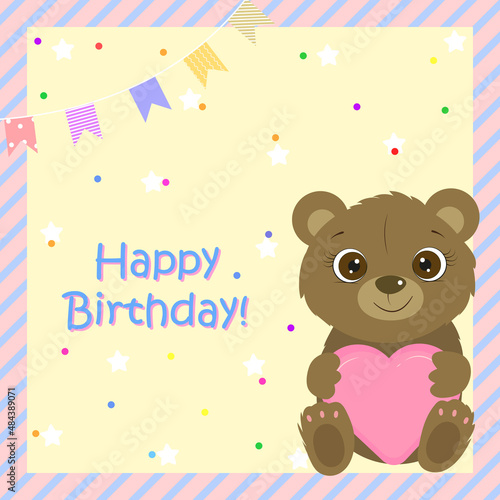 Wallpaper Mural Birthday card for baby girl and boy. Cute bear holding heart. I love you. Kids card. Vector illustration Torontodigital.ca