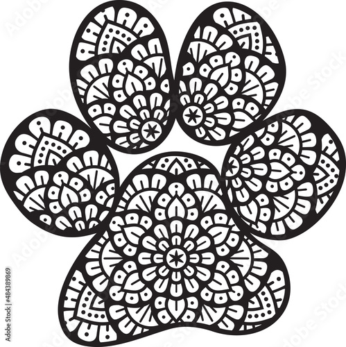 Dog Paw Mandala Black and White (Boho Design). Vector Illustration.