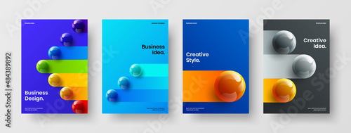 Multicolored company identity A4 design vector layout composition. Bright 3D balls poster template set.