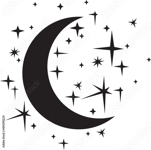 Night moon and stars (crescent). Vector Illustration.