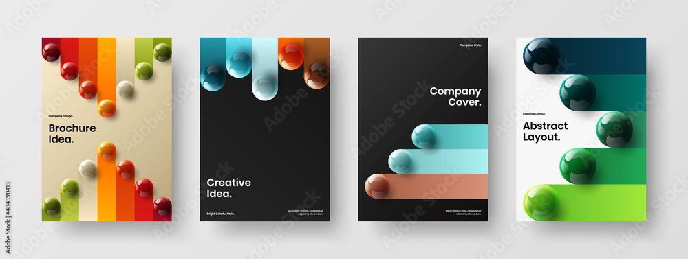 Trendy 3D spheres company brochure layout collection. Modern catalog cover vector design template set.