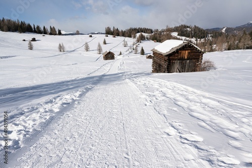 Wallpaper Mural Traumhaft schön gelegene Almen auf den  winterlichen Armentara Wiesen am Heiligkreuzkofel in den Dolomiten während einer Winterwanderung  Torontodigital.ca