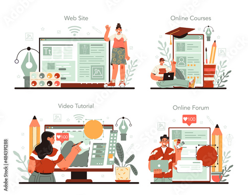 Illustration designer online service or platform set. Artist drawing pictures