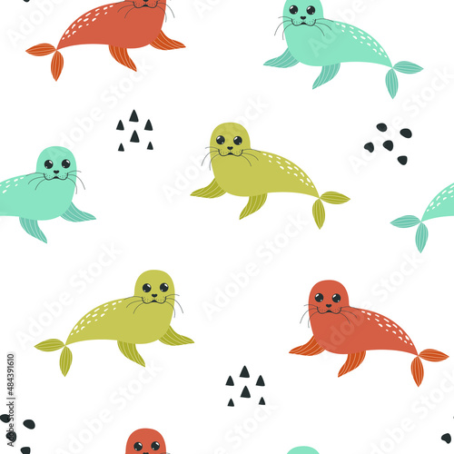 Cute hand drawn seals seamless pattern. Cartoon children background with mammals. Simple vector print with funny animals. Colorful seals in a flat style.
