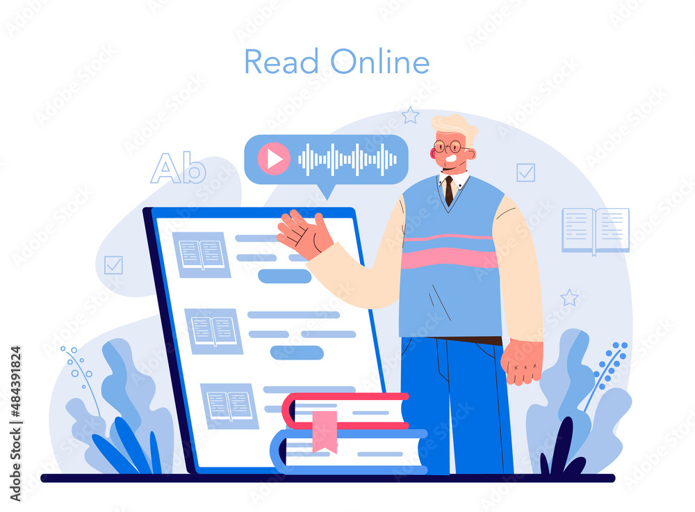 Online library concept set. Using mobile phone for learning and education. Online library concept set. Using mobile phone for learning and education.