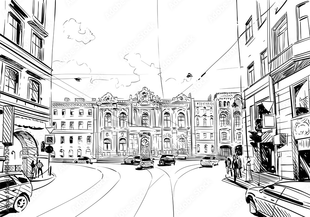  Russia. Saint Petersburg. Unusual perspective hand drawn sketch. City vector illustration - obrazy, fototapety, plakaty 
