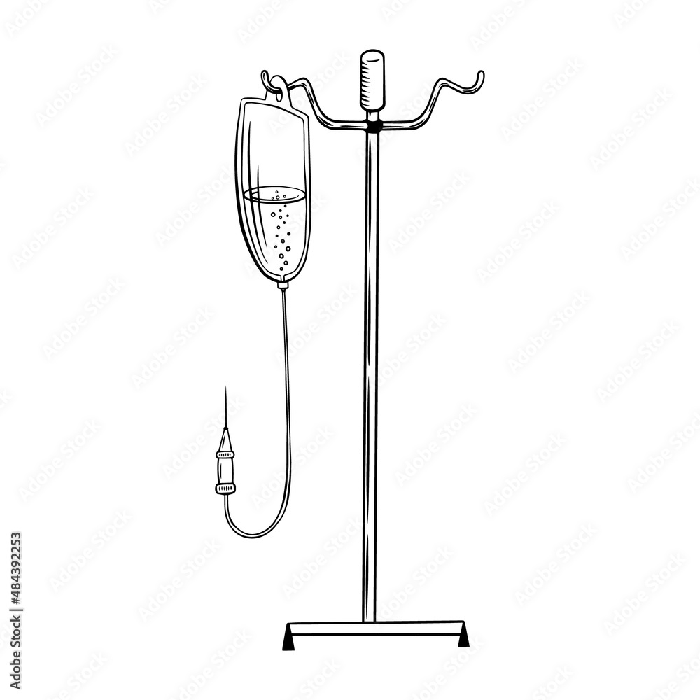 Medical dropper with holder and stand in sketchy vintage style. Clinic