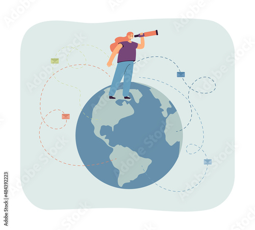 Cartoon manager looking through spyglass while standing on globe. Letters from different parts of world flat vector illustration. Global communication or business concept for banner, landing web page