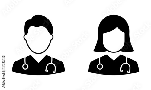 Man and Woman Doctors Silhouette Icon. Two Medic Professional Assistants with Stethoscope Black Icon. Male and Female Physicians Specialist Pictogram. Isolated Vector Illustration