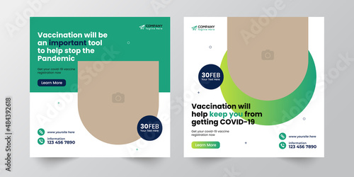 Medical vaccination social media post template. Modern square banner with place for the photo. Usable for social media, banners, cover, and websites.
Vaccination social media post template banner.
