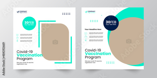 Medical vaccination social media post template. Modern square banner with place for the photo. Usable for social media, banners, cover, and websites.
Vaccination social media post template banner.