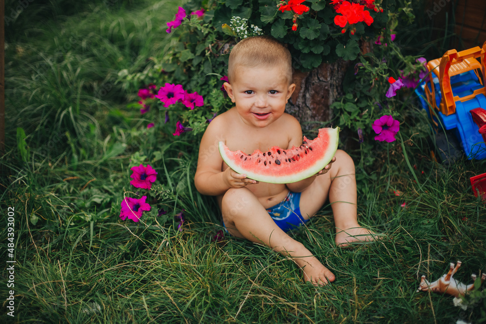 Little boy eating watermelon on green grass. Childhood in the village. Happy child eating watermelon.