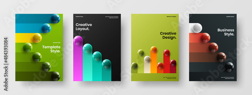 Modern brochure A4 vector design layout collection. Original realistic spheres journal cover illustration set.