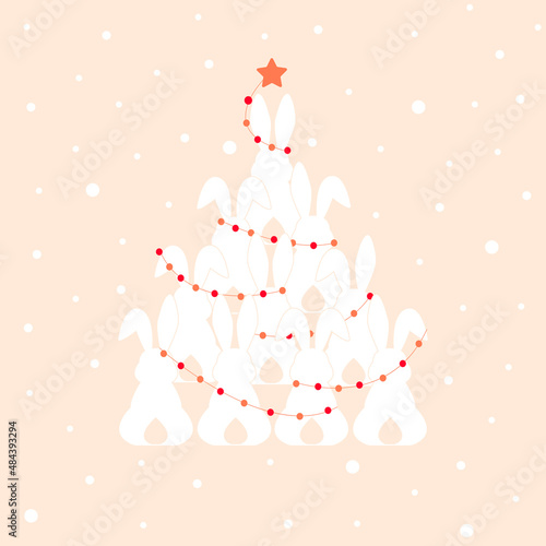 Draw vector illustration character design cute rabbit Christmas tree For new year and Merry Christmas.Doodle style.