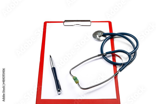  Medical clipboard with stethoscope and pen on white background. Isolated