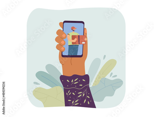 Hand holding phone with gift card on it flat vector illustration. Person receiving present through smartphone. Online gift service, shopping concept for banner, website design or landing web page
