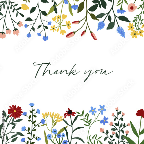 Floral background with wildflowers. Botanical spring summer flowers thank you card design template. Garden floral greenery wild flowers postcard print. Nature wild herbs design flat style illustration
