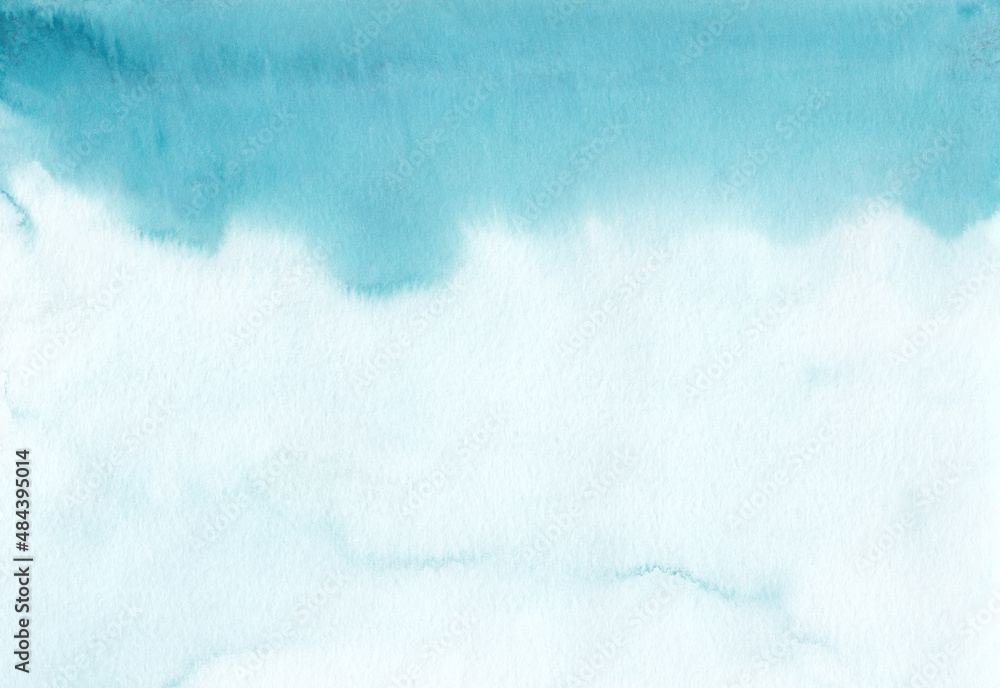 Watercolor sea blue ombre background texture. Cyan blue gradient backdrop. Watercolour stains on paper, hand painted.