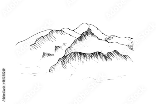 Hand drawn mountain landscape.Peaks, rocks and hills in the snow. Ski resort.