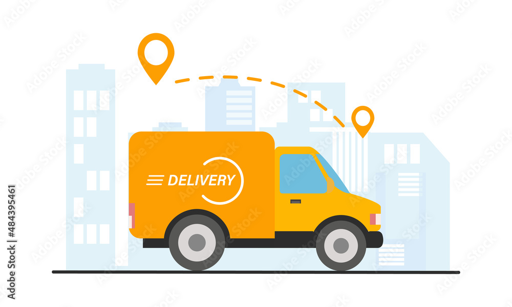 Yellow delivery van ships a parcel in a city. Concept of express delivery. Vector illustration in flat style Yellow delivery van ships a parcel in a city. Concept of express delivery. Vector illustration in flat style