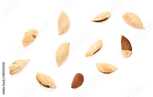Shell almonds top view Nuts isolated on white background