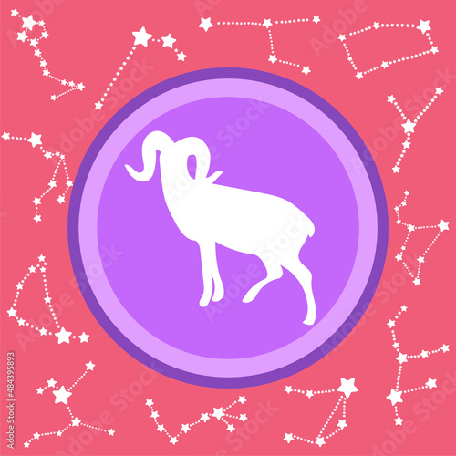 White silhouette goat shape on purple circle with 12 white constellations in the zodiac family isolated on red background. Flat design for Chinese animal zodiac. 