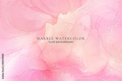 Rose pink liquid watercolor background with golden dots. Dusty blush marble alcohol ink drawing effect. Vector illustration design template for wedding invitation, menu, rsvp