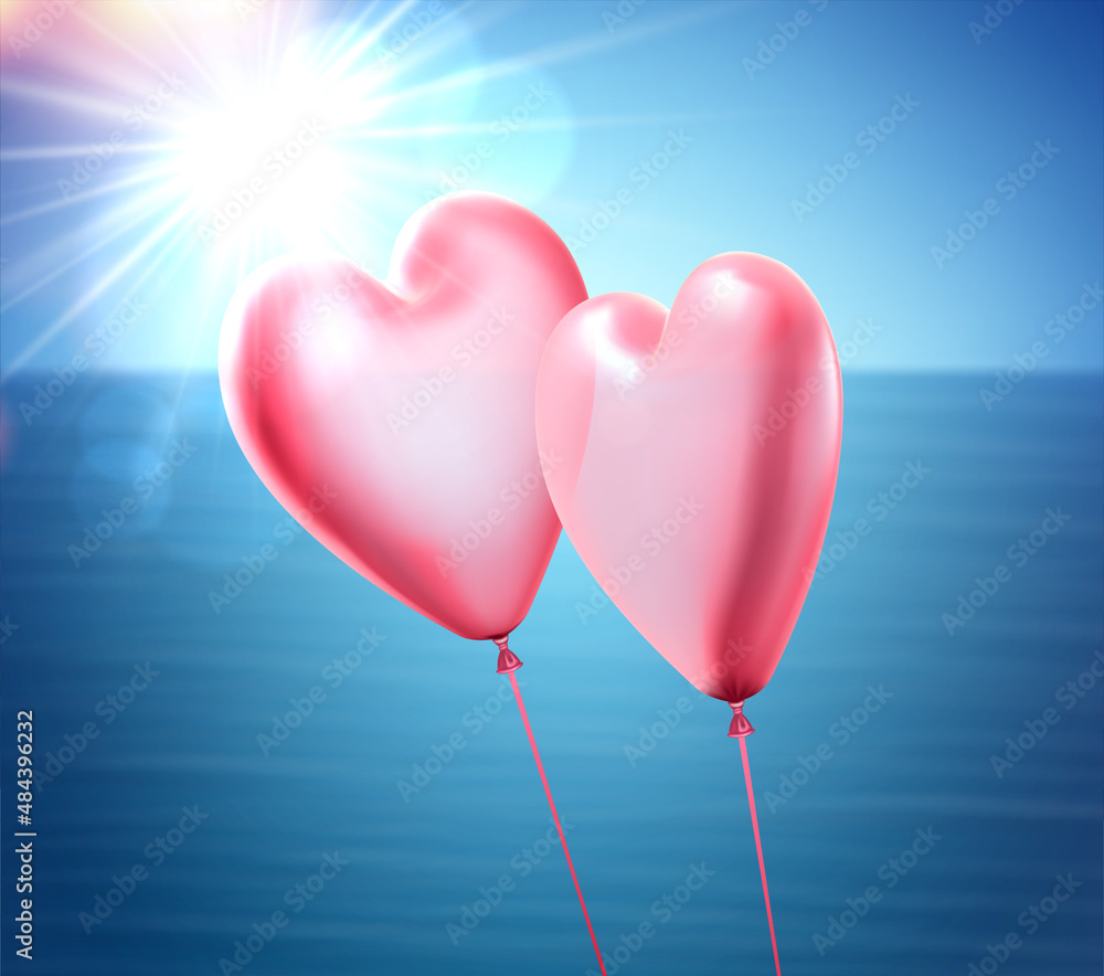 3d pink hearts balloon couple on blue sea and sky background. Valentine's day.