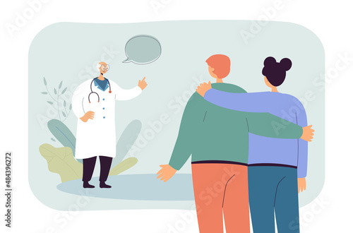 Couple visiting doctor together flat vector illustration. Man and woman having psychological or infertility consultation. Family, love concept for banner, website design or landing web page