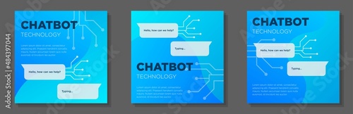 Chatbot technology social media post, banner set, artificial intelligence advertisement concept, robot chat marketing square ad, abstract print, isolated on background