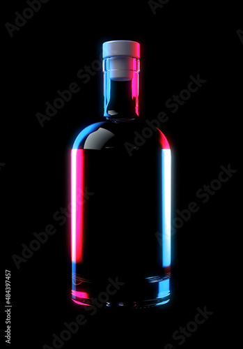 Glass Bottle for Whiskey, Vodka, Gin, Rum, Liquor or Tequila in Neon Studio Light. 3D Render Isolated on Black Background.