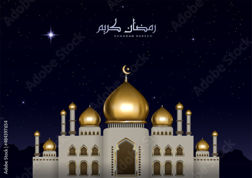 Beautiful Islamic illustration with Arabic calligraphy and gold mosque. Realistic Ramadan Kareem greeting card with night view