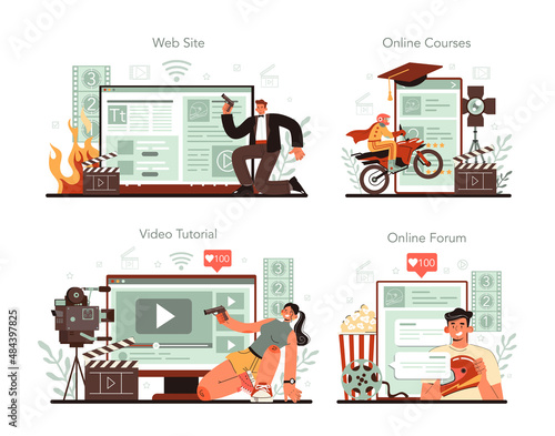 Stuntman online service or platform set. Actor performing dangerous