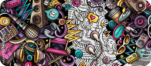 Audio Content hand drawn doodle banner. Cartoon vector detailed flyer.