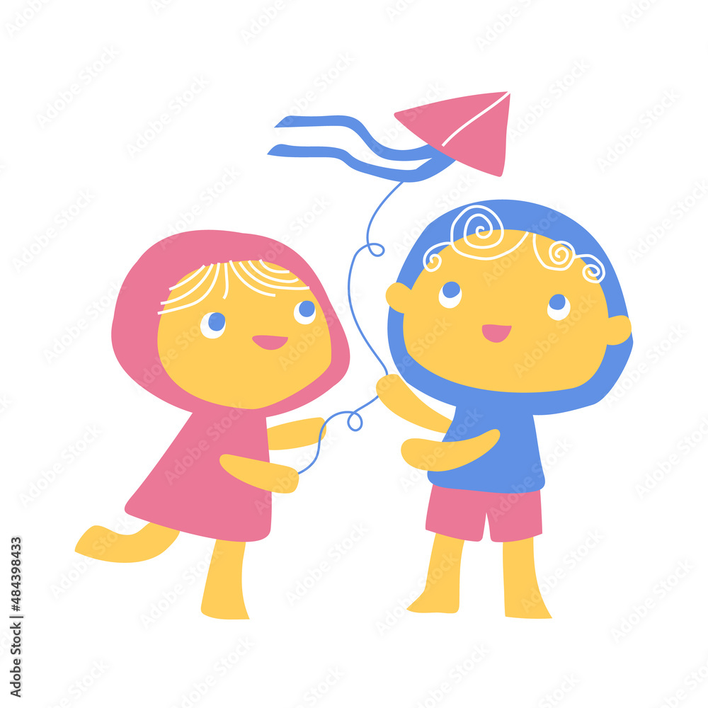 Children play with a kite. Cute vector illustration Children play with a kite. Cute vector illustration
