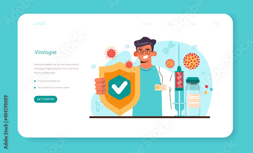 Virologist web banner or landing page set. Scientist studies viruses