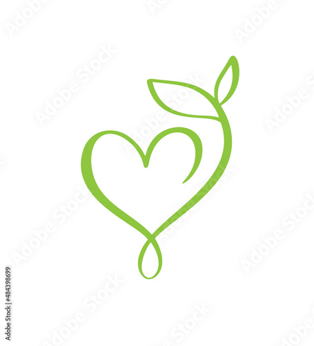 Green vector icon heart shape and leaf. Can be used for eco, vegan herbal healthcare or nature care concept organic logo design