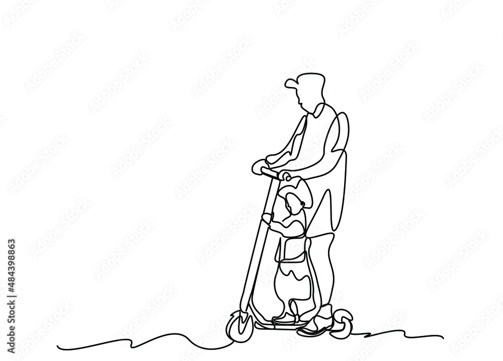 father and child on the same scooter together in the city father and child on the same scooter together in the city