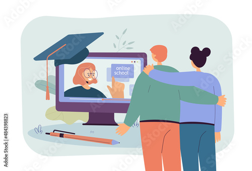 Girl and boy studying remotely at home flat vector illustration. Teacher conducting lessons remotely during pandemic. Distance learning concept for banner, website design or landing web page