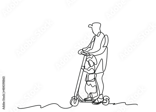 father and child on the same scooter together in the city