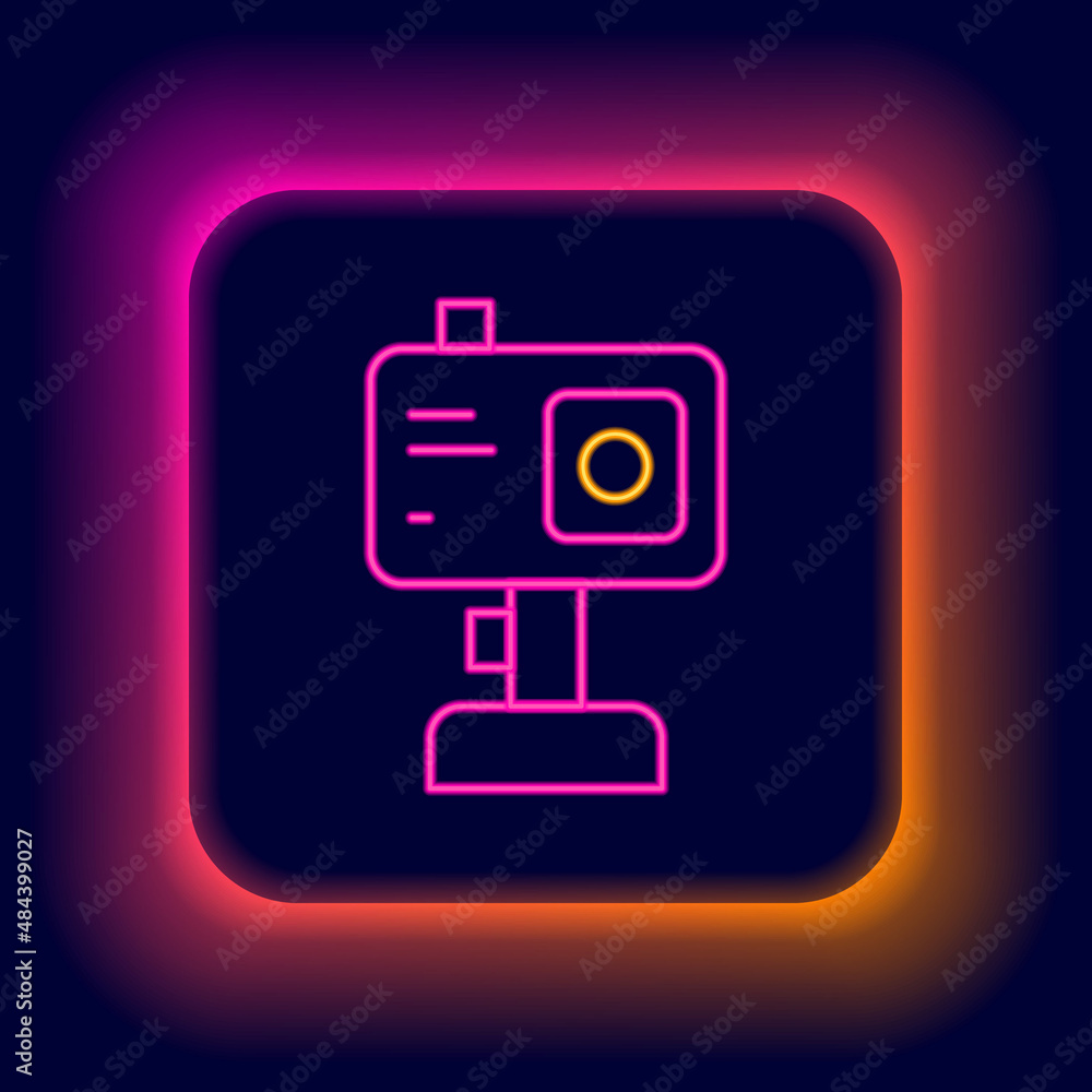 Glowing neon line Action extreme camera icon isolated on black background. Video camera equipment for filming extreme sports. Colorful outline concept. Vector